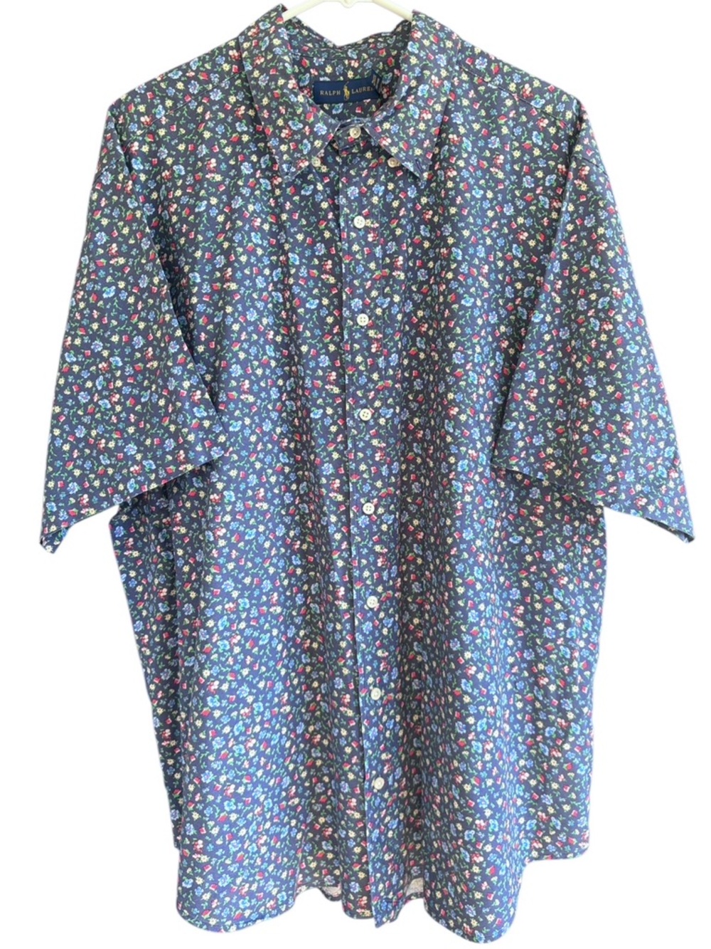 EUC Ralph Lauren Blue Label Navy Floral Short Slv. Button Up Shirt Size 2X / XXL